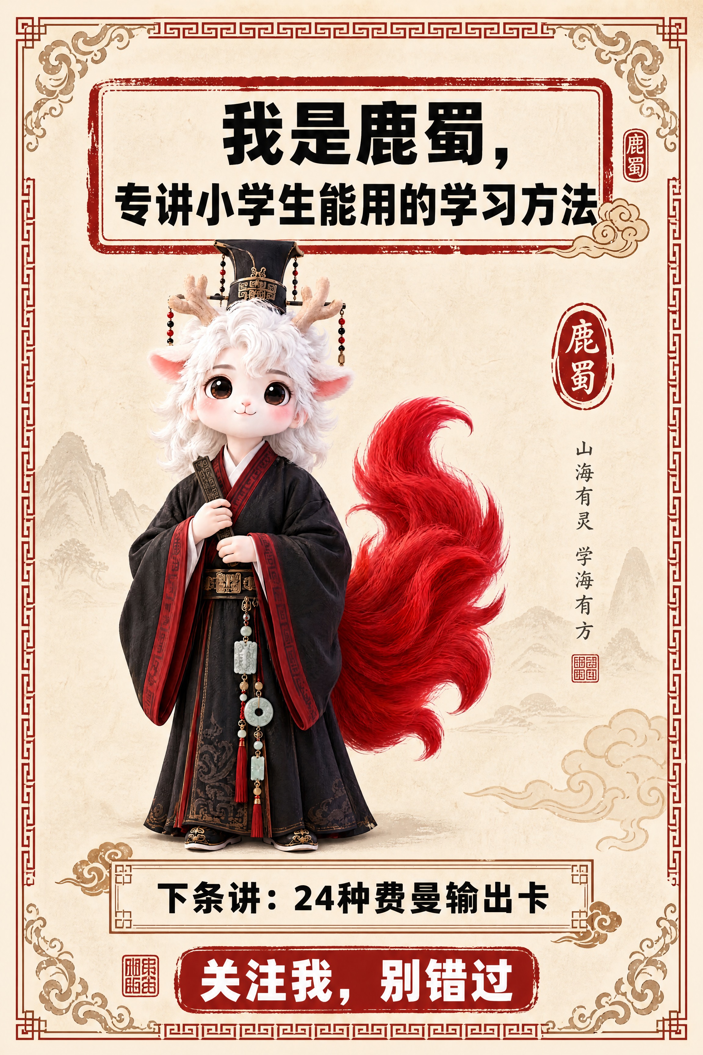 小红书笔记结尾页，统一模板，国风山海经风格，米黄色宣纸纹理背景… - 图片创意预览