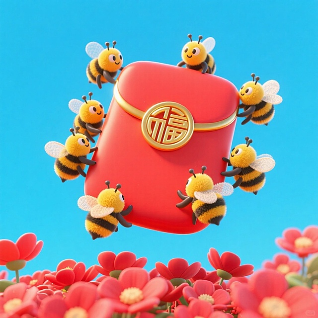 软3D风格的卡通蜜蜂环绕红色福字红包，毛发生长质感与拟人表情增添可爱感，塑料风光泽搭配喜庆红花，传递新春喜悦。