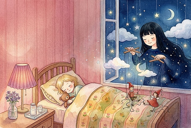 调整两个提线木偶都呈现活泼动态感，摆出不同的生动动作，仿佛正在跳舞玩耍，关掉床头的台灯，移除灯光效果，将床头柜上的水杯里的水变成乳白色的牛奶，其余元素保持不变，保持原有细腻水彩童话风格，整体温馨治愈氛围