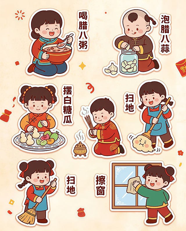 参考参考图的国潮新中式扁平卡通风格，生成腊八春节相关不同造型、服装、动作的Q版孩童人物，动作包括喝腊八粥、泡腊八蒜、摆白糖瓜、焚香、扫地、擦窗，保持粗黑色清晰轮廓描边，平涂上色无渐变阴影，圆润可爱大头娃娃萌系造型，独立贴纸样式，治愈喜庆新年民俗画风