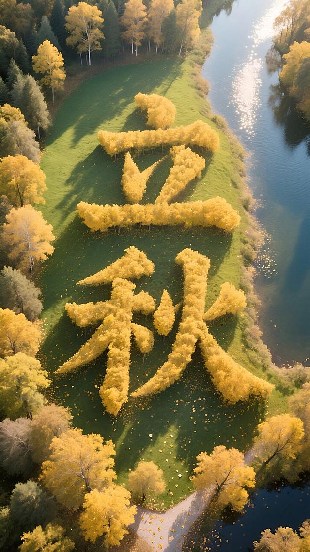 初秋氛围，“立秋” 为树林构成，航拍视角完整呈现完整文字。四周为绿地、水域，强调自然融合