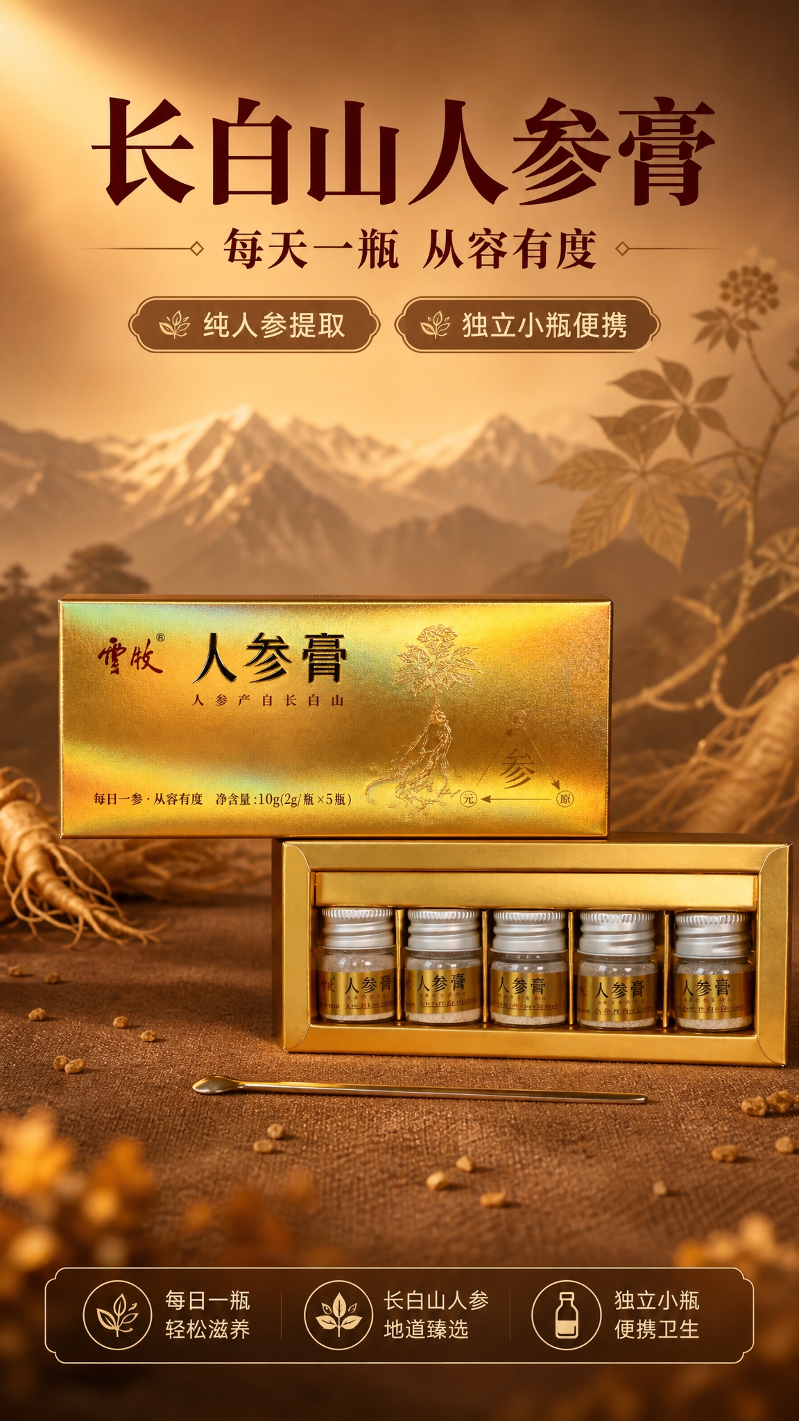 [商品] 使用【图1】【图4】云牧人参膏金色外盒与5瓶独立小瓶… - 图片创意预览