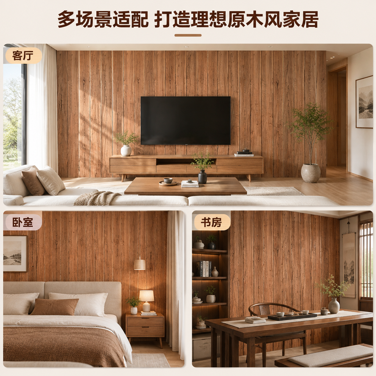 [主图-4] 多场景适配展示图，展示老榆木墙板在不同家居空间的… - 图片创意预览