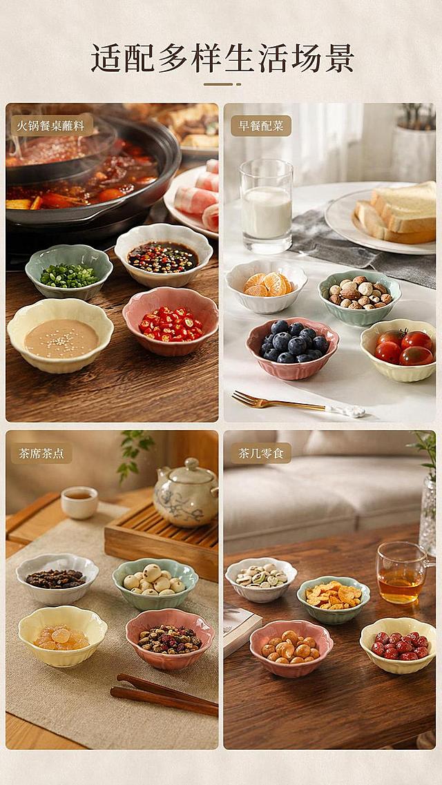 [第7屏] 多场景氛围拼图，展示花瓣小碟子不同使用场景。本屏使用【图1】提取产品。
[氛围/风格] 氛围感拼图，温馨治愈，生活化质感，多场景拼接
[元素布局] 2×2四宫格拼图，四个场景分别是：火锅餐桌蘸料、早餐配菜、茶席茶点、茶几零食，每个场景放入对应颜色的花瓣小碟子，产品占比每个场景约40%-50%，保留原有造型颜色
[光影质感] 每个场景适配对应环境光影，火锅偏暖光，早餐偏自然光，茶席偏柔光灯，茶几偏暖调，都清晰突出产品
[配色色系] 整体背景浅暖灰色，每个场景自带环境色，整体风格统一，色彩和谐
[视角构图] 四宫格均衡排版，每个场景为中景取景，覆盖不同使用环境
[文字版式] 顶部主标题「适配多样生活场景」，每个场景角落标注场景名称，文字小巧清晰不遮挡产品
[比例分辨率] 9:16 竖版比例，4K分辨率，文字清晰可辨，高清画质
[负向提示词] 场景冲突，产品变形，颜色偏差，文字遮挡主体，水印