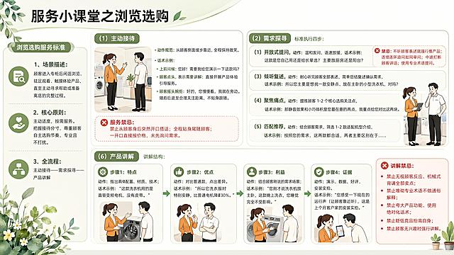 标题：服务小课堂之浏览选购
浏览选购服务标准
1、场景描述
顾客进入专柜后闲逛浏览、驻足观看、触摸体验产品，直至主动寻求帮助或准备离店的完整过程。
2. 核心原则
主动适度，按需服务。把握接待分寸，尊重顾客自主选购节奏，专业且不打扰。
3. 全流程：主动接待——需求探寻——产品讲解
（1）主动接待  动作规范：从顾客侧面缓步靠近，全程保持微笑。3.话术示例：
上前问候：您好！需要我给您演示一下这款吗？
顾客点头，表示需要讲解：直接开展产品体验引导服务。
顾客摇头婉拒：好的，您慢慢看，我就在旁边。随后后退至合理关注距离，不贴身跟随。
服务禁忌
禁止从顾客身后突然开口搭话；
全程贴身尾随顾客；
一开口直接报价格，未先询问需求。
（2）需求探寻  标准执行四步（1）开放式提问 
动作：温和发问，语速放缓 
话术示例：这款是您自己用还是给长辈选？主要放厨房还是阳台？ 
禁忌：不听顾客表述就强行推产品；连续连环追问如同审问；中途打断顾客讲话；使用专业术语提问。
（3）倾听复述 
动作：耐心听完顾客全部表述，简单总结复述确认需求 
话术示例：所以您主要是想找一款安静点、放在主卧的小型洗衣机，对吗？
（4）聚焦痛点 
动作：提炼顾客 1-2 个核心选购关注点 
话术示例：那静音效果和小巧体积是您最在意的两点，我重点给您对比这两块。
（5）匹配推荐 
动作：结合顾客需求，筛选 1-2 款适配机型介绍 
话术示例：按照您的需求，这两款都合适，两者主要区别在于……
（6）产品讲解
讲解结构
步骤1：特点   动作：指出具体配置、材质、技术；话术示例：“这款洗衣机用的是直驱变频电机，没有皮带。”
步骤2：优点  动作：对比普通款，点出差异。话术示例：“所以它洗衣服时特别安静，比普通电机降噪30%。”
步骤3：利益  动作：结合顾客刚说的需求场景；话术示例：“您刚才说洗衣机放主卧，这款晚上洗衣，您睡觉完全不受影响。”
步骤4：证据  动作：演示、数据、好评、安装实拍。话术示例：“您感受一下现在的运行声（让顾客靠近听），这是上个月客户家的安装实拍。”
讲解禁忌
禁止无视顾客反应、机械式背诵全部卖点；禁止堆砌专业术语不做通俗解释；禁止夸大产品功能、使用绝对化话术；禁止贬低竞品抬高自身；禁止顾客无兴趣时强行讲解。        请根据以上文字内容生成海报，适用于培训。风格：卡通人物风格（偏漫画风）。人物要求：女员工与男顾客，女员工扎马尾，身穿橙色外套，黑色长裤，黑色皮鞋。男顾客穿白色短袖与黑色长裤，黑色鞋子。颜色要求：以清新为主。内容要求：1、标题区域篇幅小一点，标题是：服务小课堂之浏览选购，标题不要占比太大，要整体协调，不要头重脚轻；2、文字不能删减，要保持一致，文字全部都要呈现出来。3、总共有两页内容，这是第一页内容。4、“挥手示意”动作是右手动作。5、要求图文并茂，整体布局不要太拥挤，要错落有致，图片与文字穿插展示，图片不要太大，要与文字协调，图片稍微小一点，不要太方正；6、字体要求：字体为微软雅黑，正文内容为细字体，只有主题加粗。7、标题区域和正文区域要有颜色区分，要有层次感，不要通篇一个色调，内容中不好的方面可以用其他颜色来区分。配色要求：自然、清新、高级、极简。
