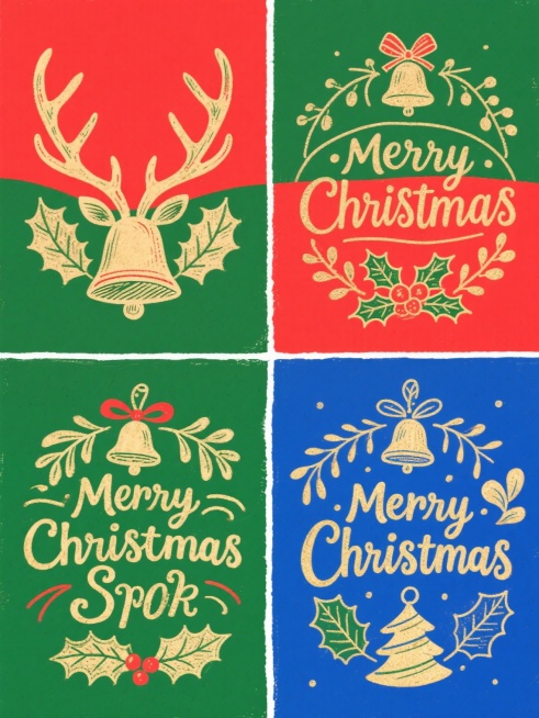 四个不同色彩主题的圣诞元素图案系列，保持手绘复古风格，每个图案包含节日相关元素和装饰性文字，采用纯色背景，元素类目包括鹿角、铃铛、冬青叶等圣诞符号，整体呈规整的网格排布，色彩分别为红色系、绿色系、金色系和蓝色系，每个图案中的文字和装饰元素保持统一的手绘质感和复古字体风格，元素之间有协调的装饰线条连接，整体设计具有强烈的节日氛围和视觉统一性。预览效果