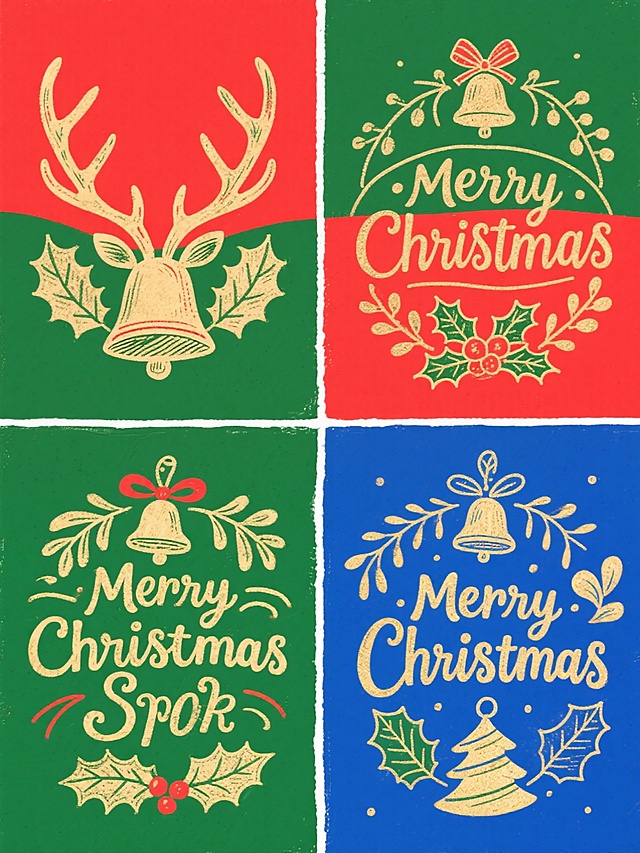四个不同色彩主题的圣诞元素图案系列，保持手绘复古风格，每个图案包含节日相关元素和装饰性文字，采用纯色背景，元素类目包括鹿角、铃铛、冬青叶等圣诞符号，整体呈规整的网格排布，色彩分别为红色系、绿色系、金色系和蓝色系，每个图案中的文字和装饰元素保持统一的手绘质感和复古字体风格，元素之间有协调的装饰线条连接，整体设计具有强烈的节日氛围和视觉统一性。