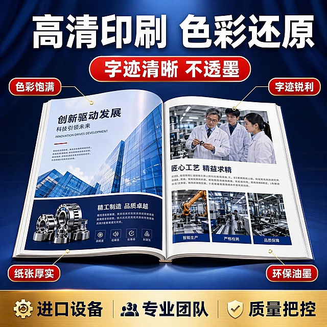 [主图-4] 画册印刷主图第四张：内页展示 印刷质量证明主图。
[统一基调] 套系视觉：风格=1688工厂电商促销主图风格，大字醒目、卖点直接、强促销感、冲击力强；背景主色=深蓝色幕布+金色装饰（延续主图2的蓝金配色体系）；标题字色=白色；强调色=正红+明黄；字体=粗黑体（超大粗标题+粗体副标题）；组件=红底白字标签、黄底黑字促销条、圆角卖点框；整体信息密度高，符合印刷工厂促销风格。
[画面] 画面上方1/4为深蓝色幕布背景的标题区，中间1/2为产品展示区（一本打开的画册平摊展示内页，左右跨页，内页有彩色图文排版，包括产品图、人物图、文字说明，展示高清印刷质量和色彩还原度），底部1/4为品质卖点区。产品处理：内页印刷清晰，色彩饱满还原，字迹锐利，纸张厚实有质感。背景为深蓝色幕布，有聚光效果打亮画册。
[光影质感] 商业摄影质感，聚光灯效果从上方打亮画册内页，页面平整，印刷色彩精准，底部有柔和发光效果，整体高端大气。
[配色] 主色=深蓝+白；强调色=正红+明黄+金色；与主图2色调统一。
[文字版式] 顶部白色大标题："高清印刷 色彩还原"；标题下方红底白字圆角标签："字迹清晰 不透墨"；内页四周用引线标注4个品质点："色彩饱满"、"字迹锐利"、"纸张厚实"、"环保油墨"；底部金色通栏：左侧"进口设备"，中间"专业团队"，右侧"质量把控"；文字全部横排，不遮挡内页主体；品质卖点清晰直接。
[输出要求] 比例1:1，2K高清；文字清晰醒目，产品清晰，印刷质感真实；负向：变形、错字、模糊、杂乱背景、水印、平台Logo、联系方式、二维码、卡通风格、小字看不清。