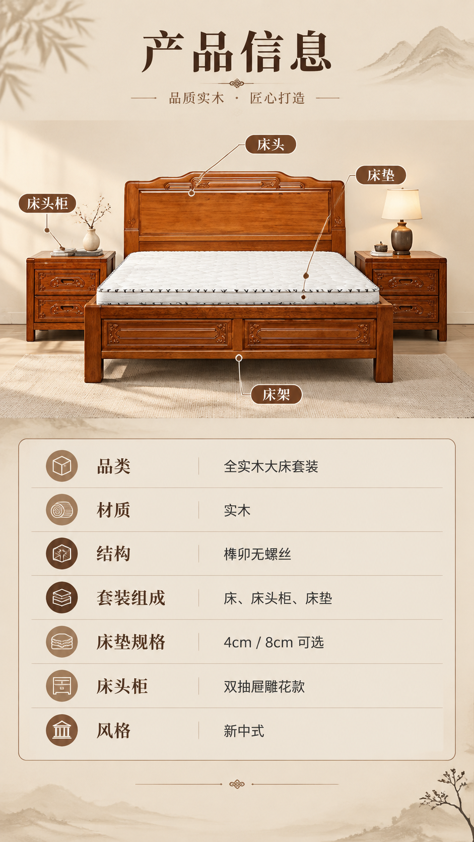 [商品] 使用【图3】全实木大床、【图2】床头柜、【图1】床垫… - 图片创意预览