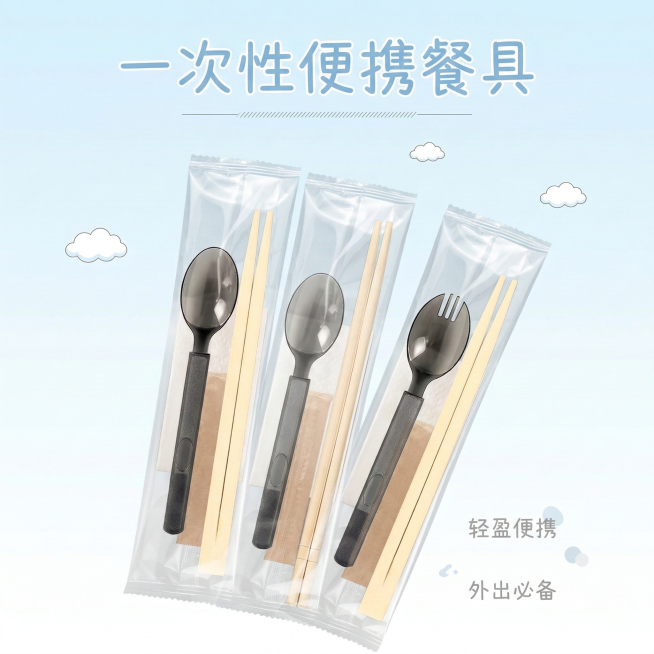 一次性筷子四件套电商主图，1:1比例，简约清新风。顶部核心信息区主标题“一次性便携餐具”采用圆润手写体，居中淡蓝色排版，下方加细短横线装饰。中部商品展示区产品偏下放置，背景为淡蓝色渐变天空感，上方飘3预览效果