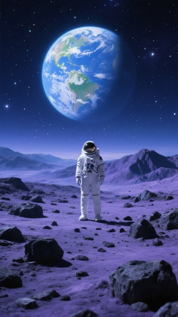 一幅宇航员在星空背景下的星球表面场景，宇航员身着白色宇航服，站在布满大小不一黑色岩石的星球表面，背景是深邃的星空，点缀着无数闪烁的星星，巨大的蓝色星球悬浮在夜空中，星球表面有白色的云层和绿色的陆地，星球下方是起伏的山脉，整体采用蓝紫色调，营造出神秘而宁静的宇宙氛围，画面具有极强的纵深感和空间感，细节丰富，光影效果细腻，高清晰度，超现实主义风格。预览效果