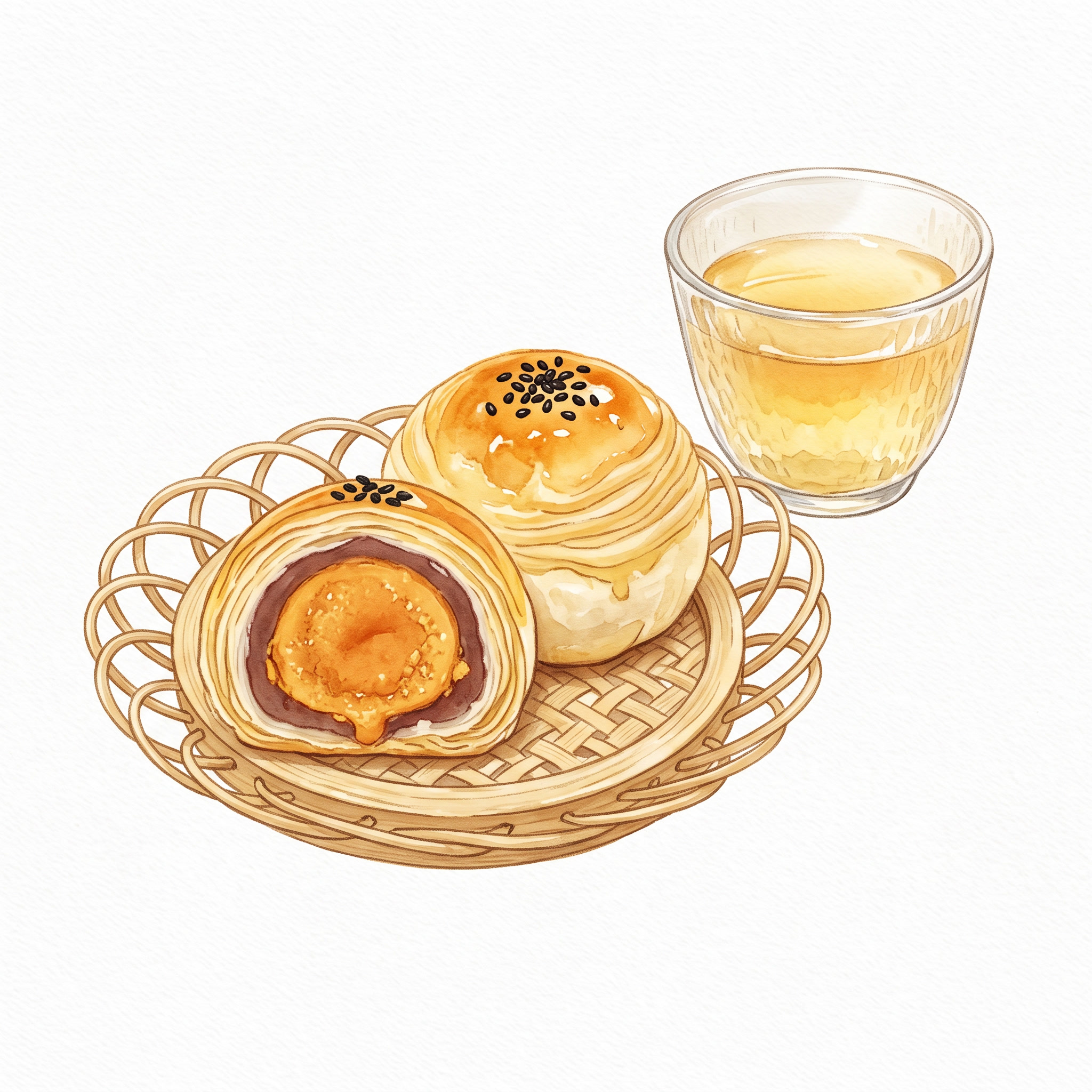 参考细腻的画风：水彩手绘，清新肌理质感，蛋黄酥点心，酥皮包裹咸… - 图片创意预览
