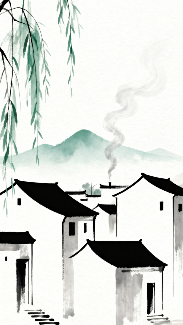 清明主题简约文艺风竖版海报，极简线条勾勒江南村落、远山与垂柳，炊烟袅袅轻盈缥缈，大面积留白营造空灵静谧氛围，低饱和莫兰迪色系，干净素雅，几何线条与水墨质感结合，设计感高级，留白充足，整体清新淡雅、诗意预览效果