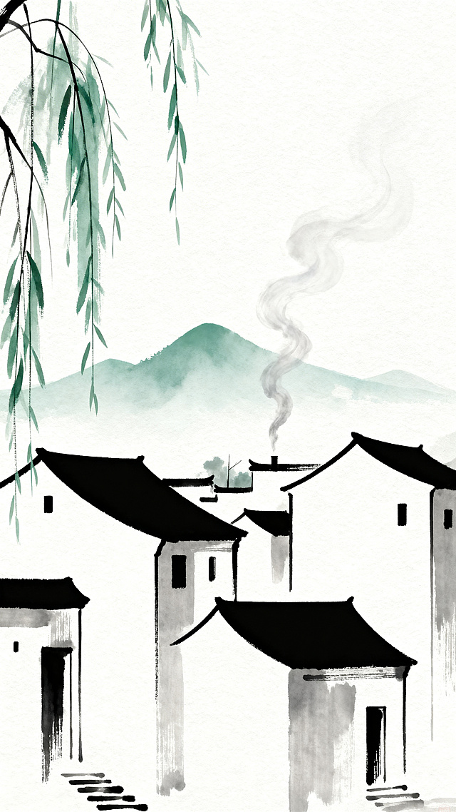 清明主题简约文艺风竖版海报，极简线条勾勒江南村落、远山与垂柳，炊烟袅袅轻盈缥缈，大面积留白营造空灵静谧氛围，低饱和莫兰迪色系，干净素雅，几何线条与水墨质感结合，设计感高级，留白充足，整体清新淡雅、诗意静谧，无多余装饰，构图简约大气