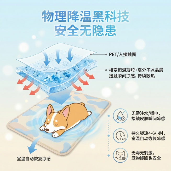 宠物降温冰垫第四张主图，降温原理展示，安全安心卖点，保持统一清新夏日风格。画面元素：产品居中展示，搭配示意图解物理降温效果，背景为浅色干净渐变。配色色系：浅蓝和米白搭配，清新凉爽。视角构图：中心聚焦构预览效果