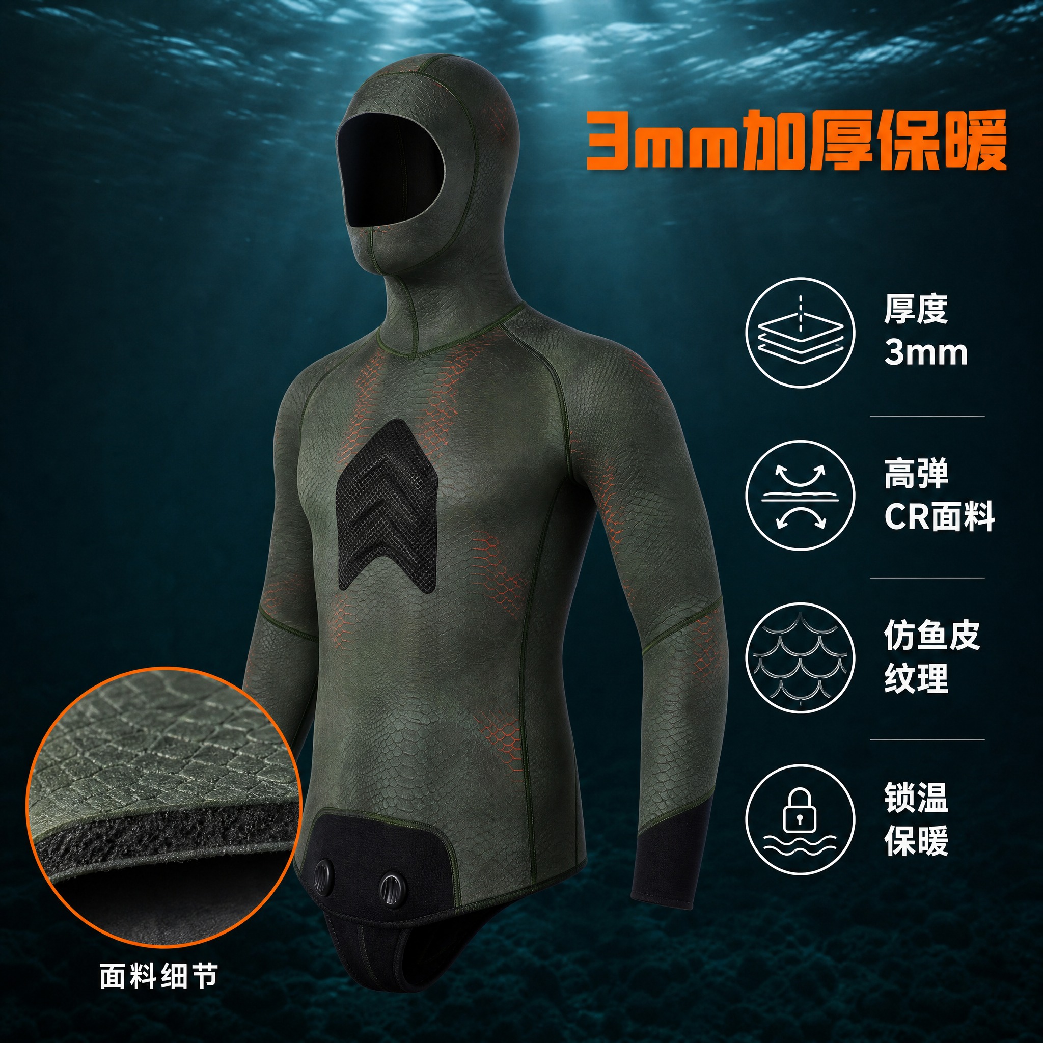 [主图-2] 3mm分体潜水服连帽上衣 面料材质与保暖性能展示… - 图片创意预览