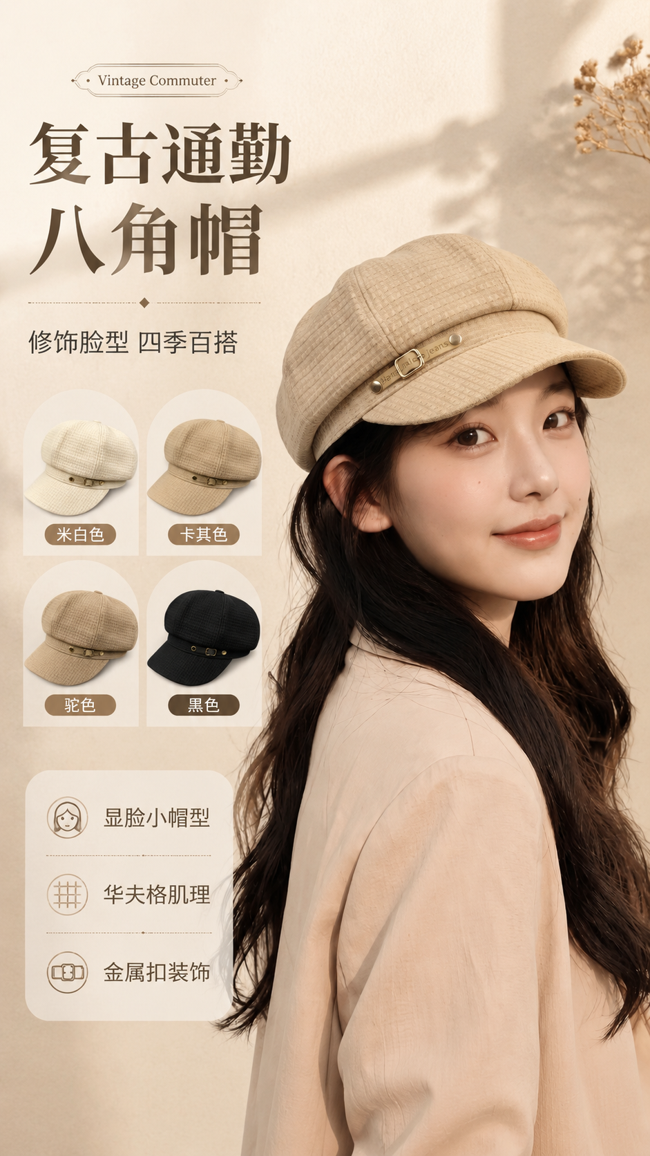 [商品] 使用【图8】4色八角贝雷帽（米白/卡其/驼色/黑色）… - 图片创意预览