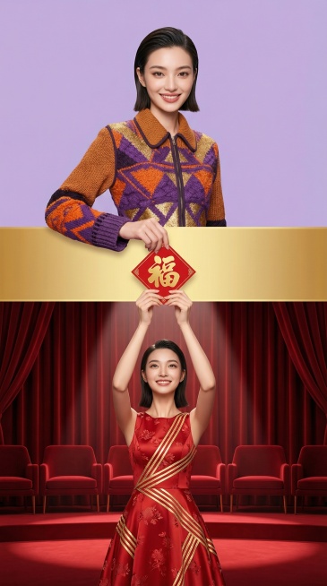 【上层场景，占比45%】：背景纯浅紫色 。身穿紫色+橙色的拼接时尚质感高级定制高定服饰（参考图1）的高级亚洲模特（参考图2），她大眼睛双眼皮，长相很时髦，微笑，齐肩短发大背头， 女性模特上半身跨越界面预览效果