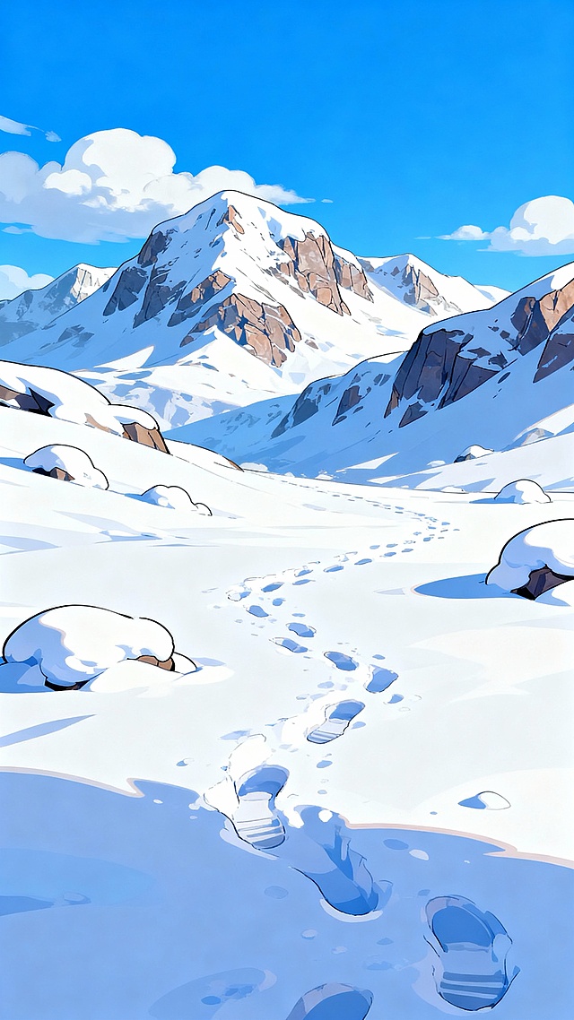 生成这种近处是雪地，远处是雪山，镜头是由近道远的竖版图片，卡通游戏场景原画的风格，平涂风格