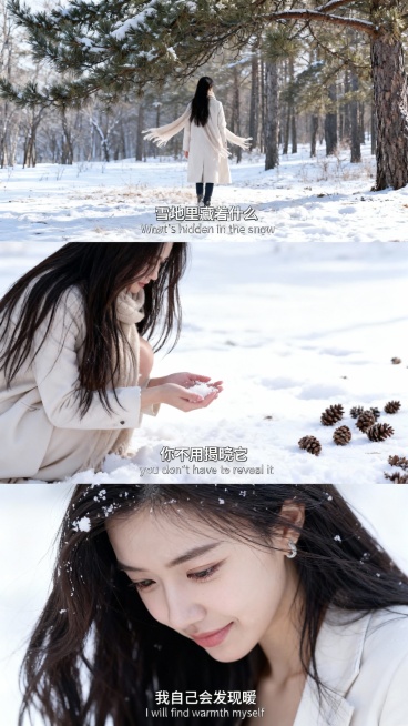 三宫格艺术感写真图，横向三宫格，场景为冬日落雪森林，色调呈冷白与浅棕渐变，地面铺薄雪，松枝挂雪，散落松果。画面主体为穿米色毛呢大衣的参考图少女，突出冬日森系氛围感。
近景：少女背影站在松树下，盯地面积预览效果