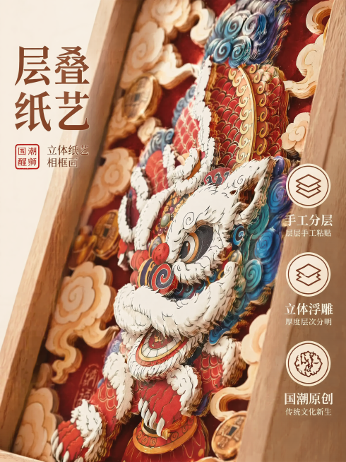 [第3屏] 立体纸艺工艺细节微距特写，展示国潮醒狮相框层次感。本屏使用【图5】作为主体，重点放大展示立体纸艺分层工艺。氛围风格：微距特写质感，突出手工层次和细节纹理。元素布局：画面中心对焦醒狮头部层次预览效果