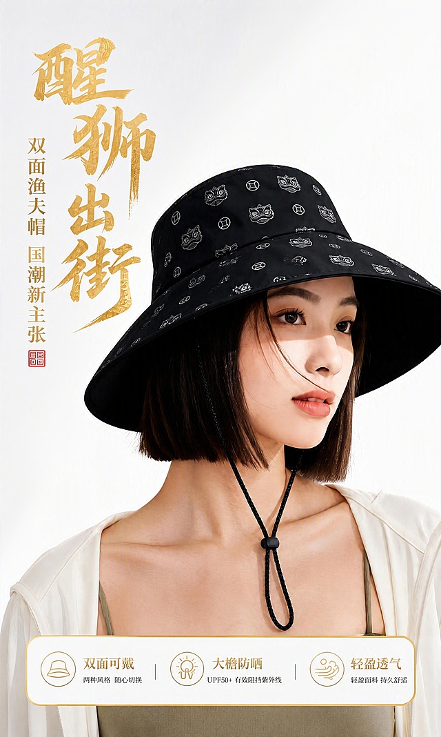将背景替换为干净的纯白色渐变背景，去掉所有深色建筑、灯笼、祥云等黑色背景元素，整体改为明亮清新的白底风格；保留模特、醒狮渔夫帽、服装和防风绳不变，帽子和人物主体清晰突出；保留左侧竖排金色书法文字「醒狮出街」和副标题「双面渔夫帽 国潮新主张」，保留底部三个卖点标签「双面可戴」「大檐防晒」「轻盈透气」，但将底部黑色信息条改为白色底+金色/黑色文字，与白底背景协调统一；整体光线明亮柔和，帽子黑色与白色背景形成鲜明对比，突出产品。