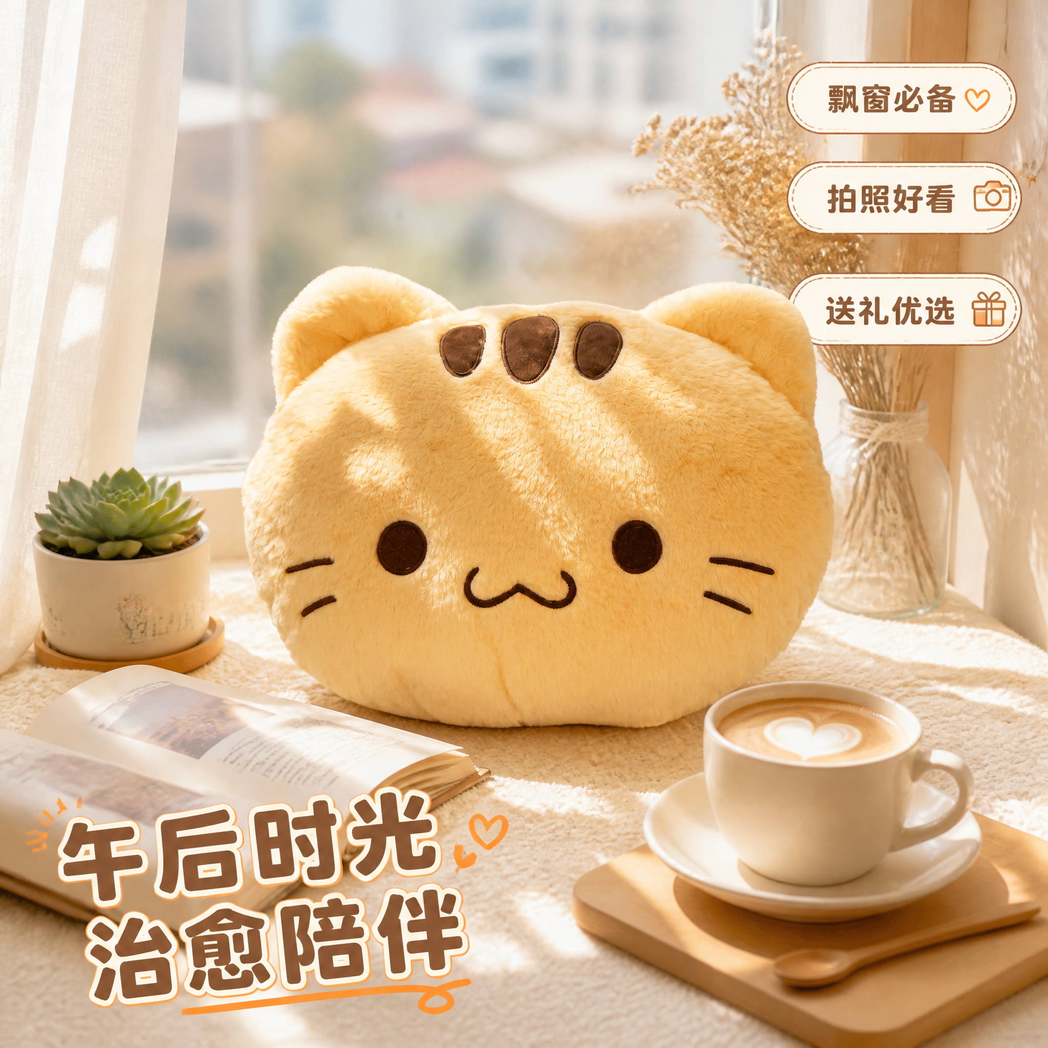 [主图-6] 黄猫头抱枕 飘窗休闲场景主图 扩展场景展示。[统… - 图片创意预览