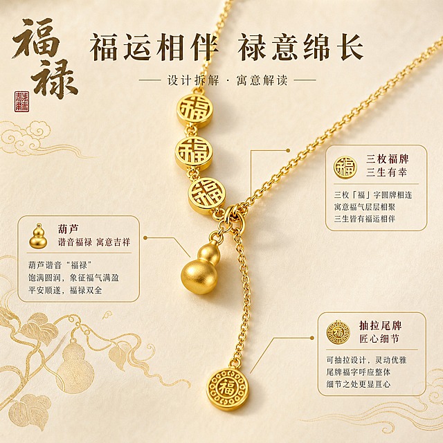 [主图-4] 细节与设计 吊坠特写。目标：深度展示葫芦吊坠与福字牌的设计细节与东方寓意。
[统一基调] 风格=东方雅致轻奢珠宝商业摄影；主色=暖金色+香槟米白；背景=浅米色丝绒/宣纸质感延展；标题字=宋体衬线粗体（新中式）；辅助字=简洁无衬线体；标题色=深棕金；辅助色=暖灰褐；强调色=朱砂红（仅小面积印章/点缀）；组件=细金线圆角卡、朱砂红印章图标；光影=左前45度暖柔光+轮廓光，金属高光清晰。
[画面] 采用设计拆解式构图，项链主体斜跨画面中部，三个福字圆牌与葫芦吊坠分别用细金线引出设计解读。背景为浅米色宣纸纹理，点缀金色祥云线条与葫芦藤蔓图案，左上角有毛笔书法"福禄"二字+朱砂红印章。画面中用金色细线连接产品元素与对应寓意图标，形成设计故事线。整体诗意东方，文化感强。
[光影质感] 均匀柔光覆盖产品，金属质感细腻，福字纹路清晰可见，葫芦圆润饱满，背景宣纸纹理与金色线条有层次，整体光影柔和雅致。
[配色] 暖金色主体+米白宣纸背景+深棕金文字+朱砂红印章，东方色调统一。
[文字版式] 上方主标题"福运相伴 禄意绵长"，三个设计解读配引线：「葫芦 谐音福禄 寓意吉祥」指向吊坠、「三枚福牌 三生有幸」指向福字圆牌、「抽拉尾牌 匠心细节」指向尾牌。文字全部横向排版，分布在画面两侧，不遮挡产品主体。
[输出要求] 比例1:1，2048×2048，2K，设计细节清晰，文字可读，禁止错字、迷信开光宣传、绝对化用语。