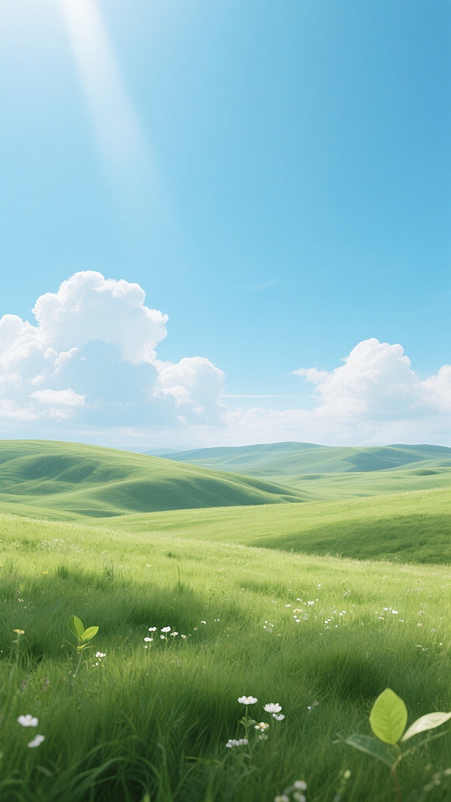 超写实风格的广阔草原景观，画面以明亮的蓝绿色调为主，天空占据上半部分，呈现清澈的淡蓝色，点缀着几朵蓬松的白色积云，阳光从云层间隙洒落，形成柔和的光线效果。前景是起伏的绿色草地，草叶茂密且富有层次感，呈现出深浅不一的绿色渐变，点缀着零星的白色小野花和几片嫩绿的叶子。远处的山丘轮廓柔和，与天空自然过渡，整体构图采用三分法，营造出开阔、宁静、生机勃勃的氛围，光影柔和，色彩和谐，细节丰富，具有强烈的空间纵深感和自然质感。