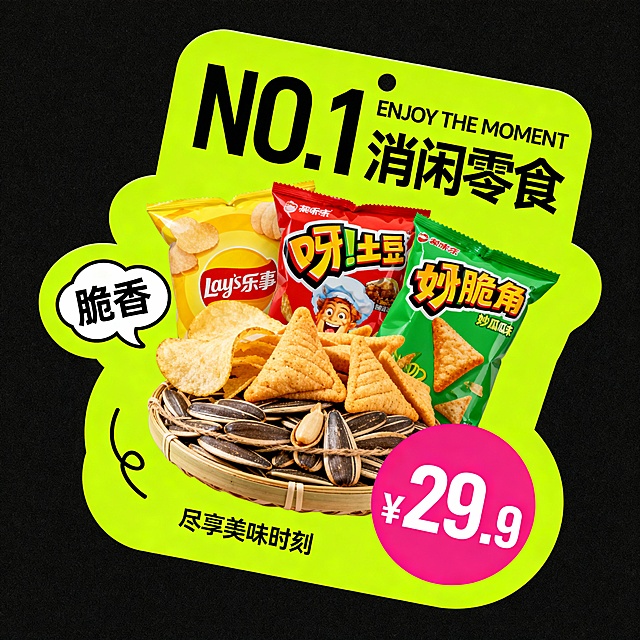 一捆零食，有薯片、妙脆角、瓜子。荧光绿,主标题“NO.1 消闲零食”，辅以英文“ENJOY THE MOMENT”；左侧气泡文案“脆香”，右下角粉色圆形价格“¥29.9”，小字“尽享美味时刻”。