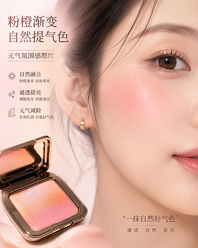 高级美妆详情页展示，模特脸颊局部上脸效果，这款渐变腮红打造出来的自然元气氛围感，粉橙色渐变上脸通透提亮，高级温柔背景，突出腮红自然提气色的功能