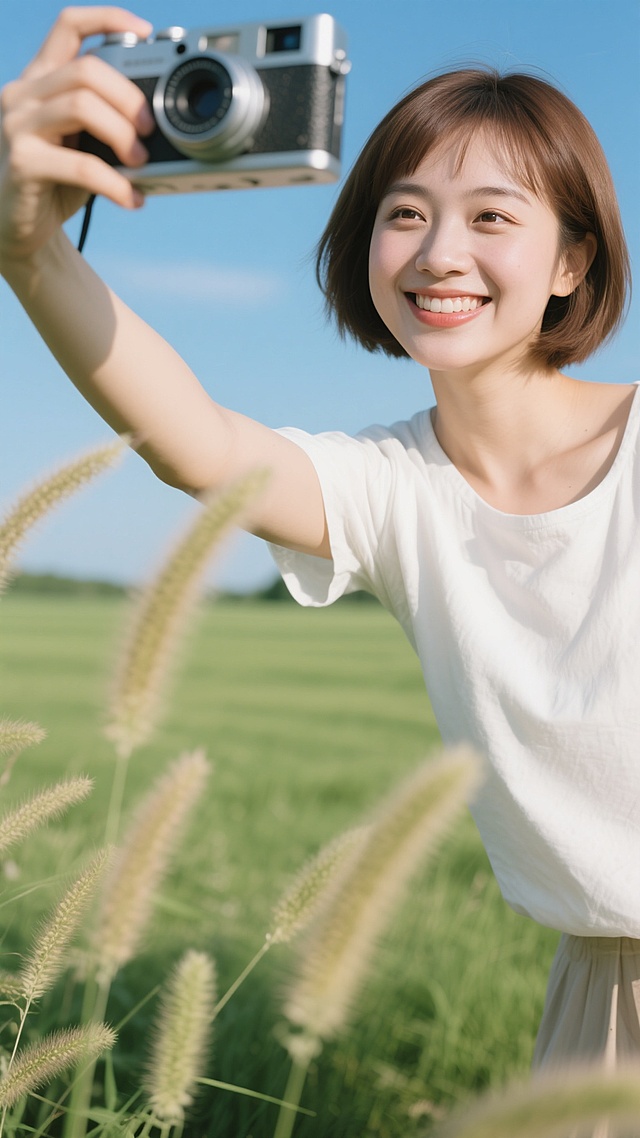 明亮自然光下的户外写真，年轻女性手持复古胶片相机自拍，面带灿烂笑容，棕色短发，穿着白色上衣，背景是开阔的绿色草地和蓝天，前景有虚化的植物穗子增添层次感，整体色调清新明快，光影柔和，充满青春活力与自然气息，摄影风格写实细腻，构图生动，捕捉真实自然的瞬间动态。