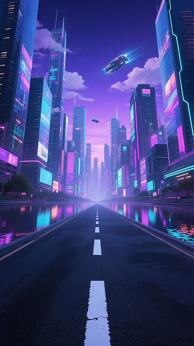 赛博朋克风格的未来城市景观，宽阔的沥青道路延伸至远方，道路中央有一条醒目的白色分隔线，两侧是高耸入云的玻璃幕墙摩天大楼，建筑表面布满彩色霓虹灯光和动态广告投影，天空呈现出深邃的蓝紫色调，漂浮着全息投影的飞行器和云层，水面倒映着城市的霓虹光影，整体画面充满科技感与未来感，视觉层级分明，核心信息突出，氛围神秘而富有活力。