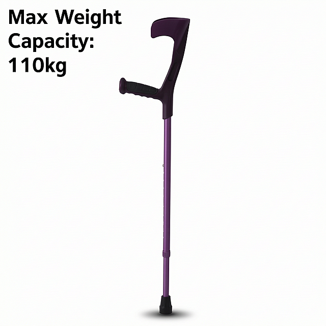 Product feature graphic for the purple elbow crutch, highlight maximum weight capacity, with English text 'Max Weight Capacity: 110kg', clean white background, Amazon product listing style, 1:1 square