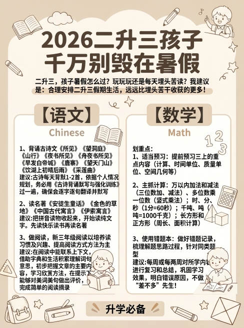 保持原有的所有文字内容和3:4比例不变，为这张二升三暑假规划封面更换一个全新的风格，改为简约ins风，背景干净清爽，适合小红书平台预览效果