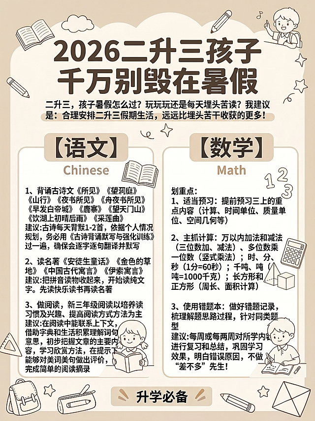 保持原有的所有文字内容和3:4比例不变，为这张二升三暑假规划封面更换一个全新的风格，改为简约ins风，背景干净清爽，适合小红书平台