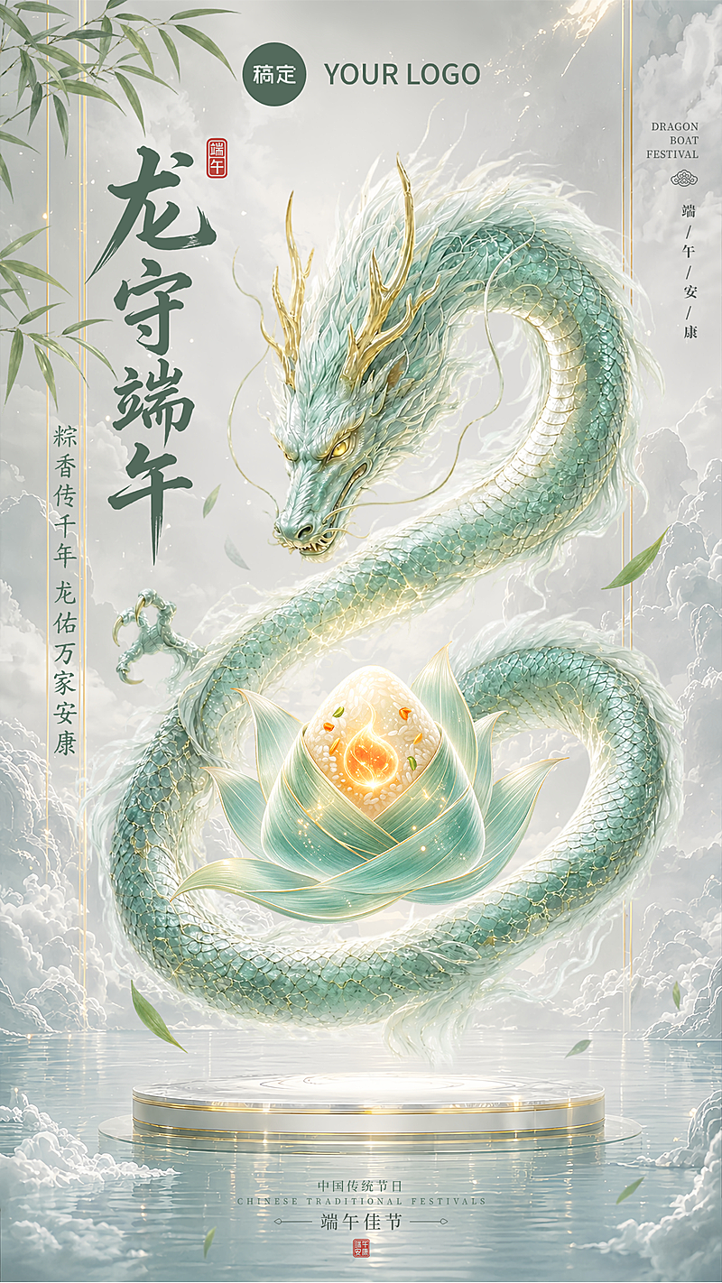 端午节品牌安康祝福宣传青金龙神水晶粽子新中式国潮风竖版海报