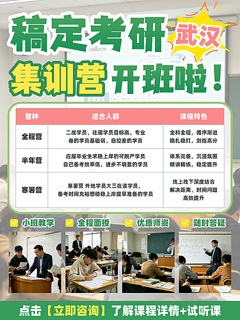 小红书设计｜武汉考研集训营开学教育培训海报。画面以武汉考研集训营为主题，展示全程半年及寒暑三种营种适合人群。背景为教室授课场景，强调小班教学与优质师资。采用卡通风设计吸引学员关注，适合教育培训招生宣传使用。