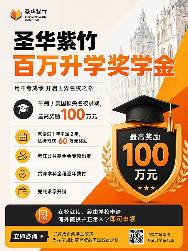 圣华紫竹 百万升学奖学金海报，保持所有文字内容和主色调橙黄黑灰白不变，文字排版参考参考图万科双语的分区块色块标注样式，奖励金额用醒目的橙色大号字体，整体排版清晰规范