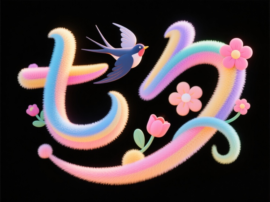 字体设计"七夕"，创意字体增加七夕节相关元素，喜鹊，花朵，线条流畅且富有艺术感，活泼童趣，笔画连接交错变形设计，将字体进行抽象变形，毛绒材质，毛茸茸高级感，黑色背景，c4d渲染。预览效果