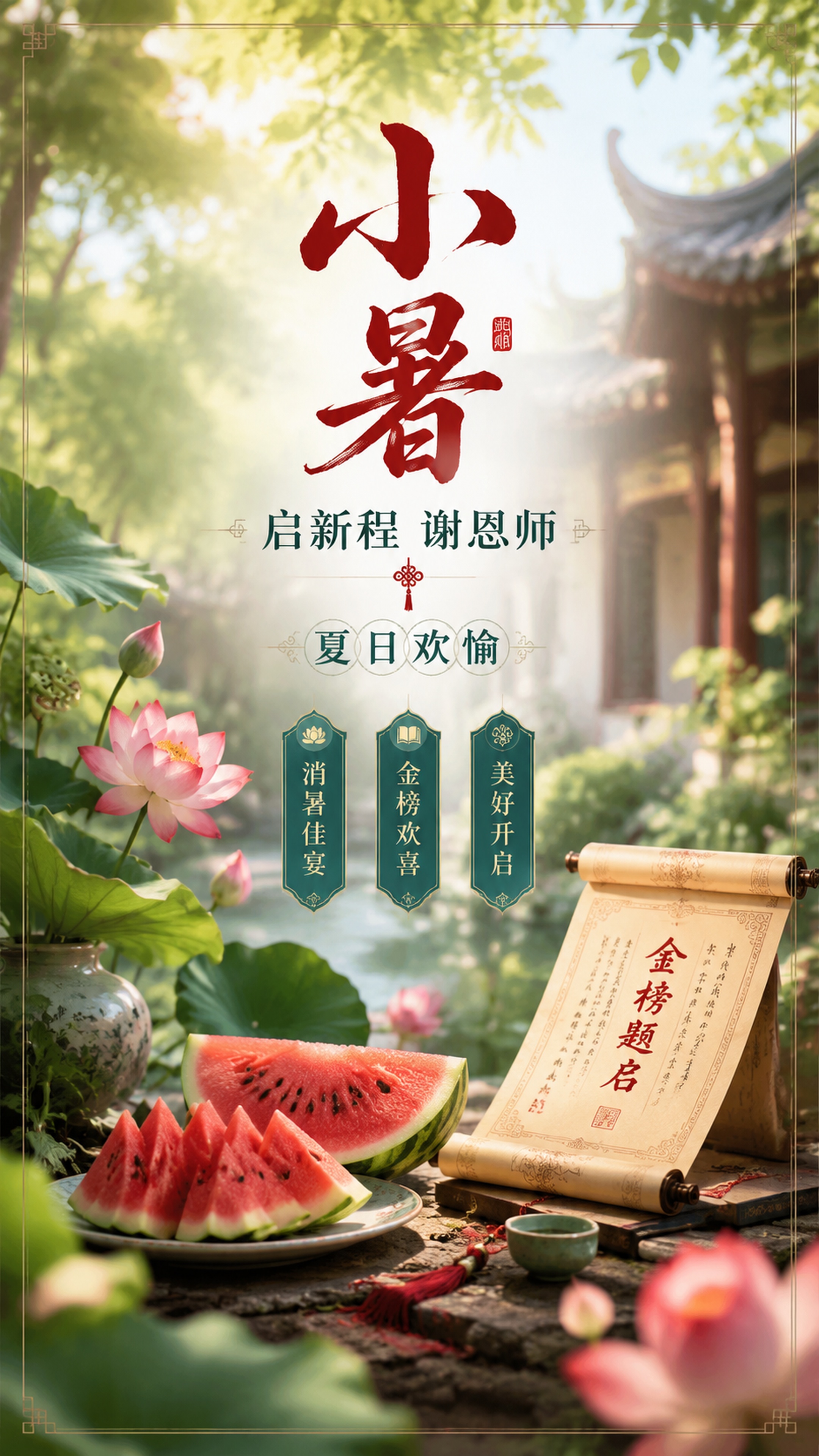 新中式国风海报，主标题"小暑"，副标题"启新程 谢恩师"，装饰… - 图片创意预览