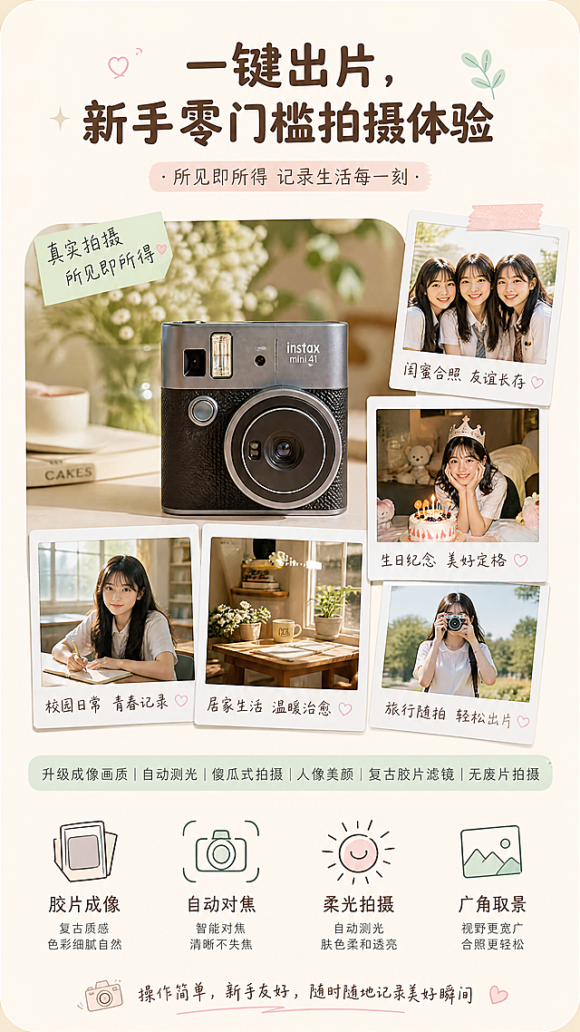 [第2屏] 详情页核心模块1-富士mini41复古拍立得相机拍摄体验展示，主题：一键出片，新手零门槛拍摄体验，整体风格为清新复古文艺风，高清写实，适配手机端，圆角卡片，柔光光影，干净极简排版。氛围：真实治愈，学生日常青春氛围。元素布局：整体9:16竖屏，浅奶咖渐变背景，上半部分区域为主标题，中部展示富士mini41实拍效果样张，搭配校园、居家、闺蜜合照温柔场景，突出升级成像画质、自动测光、傻瓜式拍摄、人像美颜、复古胶片滤镜、无废片拍摄功能，产品保持原有结构外观一致。下半部分搭配四个简约手绘图标：胶片成像、自动对焦、柔光拍摄、广角取景，每个图标对应简短卖点说明。画面展示学生日常拍照、生日纪念、日常记录场景，突出产品操作简单、成像复古好看、新手友好核心卖点，排版干净高级。光影质感：整体柔光均匀，样张场景光影真实自然，图标区域柔和留白。配色色系：全局底色奶油白#F8F5F0渐变到浅奶咖#E8DED1，主体浅粉+薄荷浅绿点缀，文字深咖。配色色系：全局底色奶油白#F8F5F0，主体搭配浅奶咖#E8DED1，点缀浅粉#F5E7E9，薄荷浅绿#E5F1E8，文字深棕#5A4A3F。视角构图：上下分层构图，上标题，中场景样张，下图标卖点，动线清晰。文字版式：顶部居中主标题“一键出片，新手零门槛拍摄体验”，加粗深咖大字号；中部场景样张展示，下方四个图标分四栏排列，每个图标下方标注功能名称，文字清晰，排版均衡。比例分辨率：9:16竖版比例，4K分辨率，文字清晰。负向提示词：产品变形，样张模糊，文字错乱，结构错误，颜色偏差，背景杂乱。