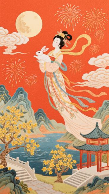 红橙色背景中有烟火、圆月、云彩，下方有橙色、红色、金色的山峦层层叠叠、蜿蜒的河流、中式楼阁与小亭、金黄桂花树、石阶小路，画中间嫦娥仙子怀抱玉兔奔向月亮，刺绣风中式山水，喜庆烟花映衬，节日氛围浓厚，传统预览效果