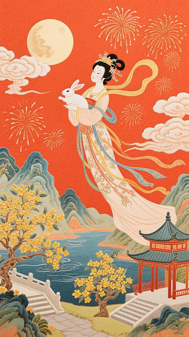 工笔风描绘嫦娥飞天，手持玉兔，背景红霞满天、烟花绽放，融合刺绣与浮雕质感，展现国潮中式古典之美，喜庆梦幻共融。