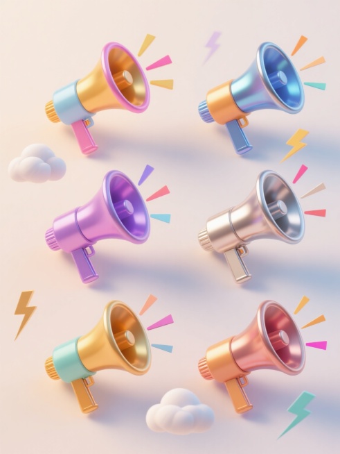 3D渲染风格的促销海报，六个不同配色、不同样式、不同材质的喇叭造型，采用上下两行三列对齐排列，整体呈现出渐变金属光泽质感，光影效果明亮柔和，搭配彩色闪电和云朵装饰元素，浅色背景，营造出欢快活泼的促销氛围，视觉层次分明，信息传达高效，符合促销活动的宣传目的。预览效果