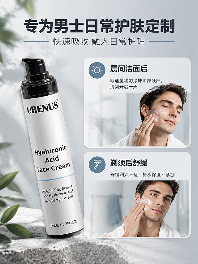 [商品] 使用【图8】URENUS玻尿酸面霜产品；保留瓶身原有英文Logo、产品名等全部商品本体文字不翻译不修改，保留产品外观结构和颜色。
[画面] 目标：使用方法+适用场景页，展示产品多种使用场景。构图：左侧产品瓶身斜立摆放，右侧上下分2组场景卡片，上方为「晨间护理」场景示意，下方为「须后舒缓」场景示意，背景浅灰渐变，植物光影点缀。
[视觉] 套系策略：风格=高级简约男士护肤商业摄影风；标题字=粗黑无衬线大字；正文字=简洁无衬线体；主色=雾霾灰蓝+米白；背景延展=基于米白/浅灰做深浅层级、同色渐变和细腻肌理质感；强调色=雾霾蓝，用于图标、引线、标签；标题色=深炭黑；正文色=中灰；组件=圆角浅底信息卡、细线引线、圆形图标；光影=左前侧柔和自然光，产品清晰有质感。
[文字] 顶部主标题「专为男士日常护肤定制」，副标题「快速吸收 融入日常护理」；2个场景卡片：「晨间洁面后」「取适量均匀涂抹面部颈部，清爽开启一天」；「剃须后舒缓」「舒缓剃须不适，补水保湿不紧绷」，文字全部横向排版，字号适中手机端清晰可读。
[规格] 图片比例3:4竖版，4K分辨率，负向提示：避免变形、错字、文字过小、瓶身文字被替换翻译、产品颜色改变、结构失真、极限词。
