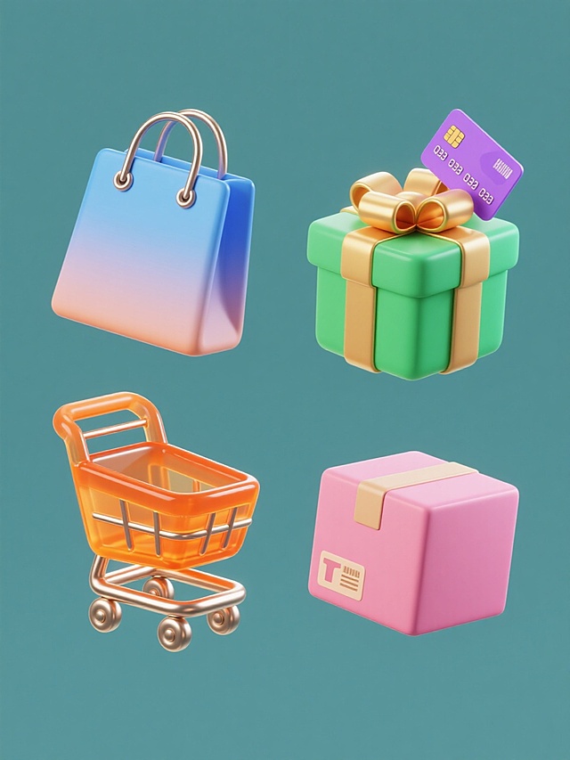 一组四个不同的3D渲染商城元素图标，保持与橙色购物车相同的果冻半透明渐变质感、圆润边角设计、金属光泽小滚轮和高光阴影效果，元素分别为：蓝色渐变购物袋（带金属提手）、绿色渐变礼盒（带金色蝴蝶结）、紫色渐变信用卡（带芯片细节）、粉色渐变快递盒（带胶带和标签），每个元素独立悬浮在纯色背景上，呈2x2网格规整排布，整体风格统一为可爱卡通电商设计语言。