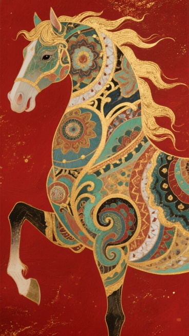 一幅岩彩画风格的生肖马，由抽象的花纹线条组合而成，骏马形态层次分明，融入中国传统纹饰和敦煌纹样，色彩斑斓美轮美奂，线条柔美灵动，充满传统美学韵味，具有强烈的立体感，背景为朱砂红色，高清渲染预览效果