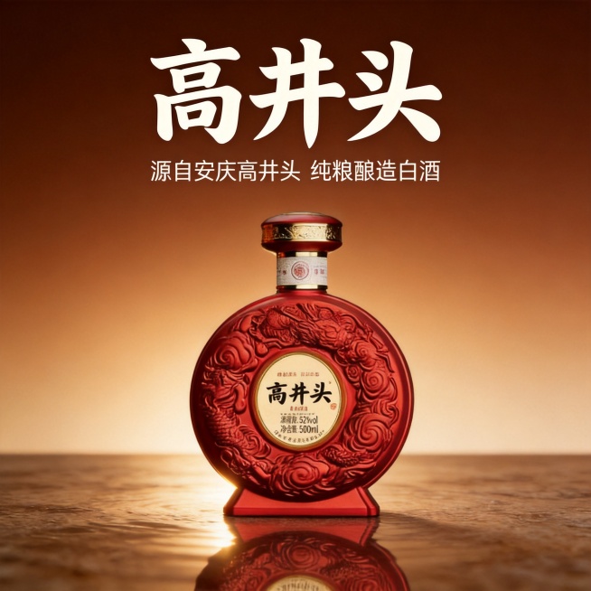 [主图-2] 高井头白酒瓶单独展示图。
[氛围风格] 中式沉稳高端品质风格，适配京东平台，和首张主图风格一致。
[画质] 商业摄影质感，光线柔和通透，产品清晰真实，画面干净高级。
[元素] 只展示高井预览效果