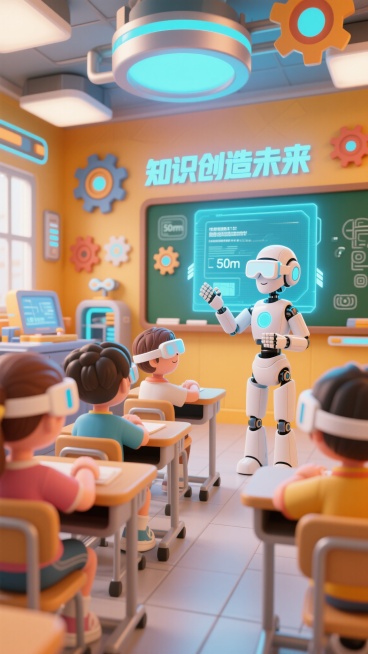 未来科技风插画，科幻教室场景，机器人老师通过全息投影授课，学生们佩戴VR眼镜互动，周围布满齿轮、科技装置，“知识创造未来”文字，科技感十足预览效果